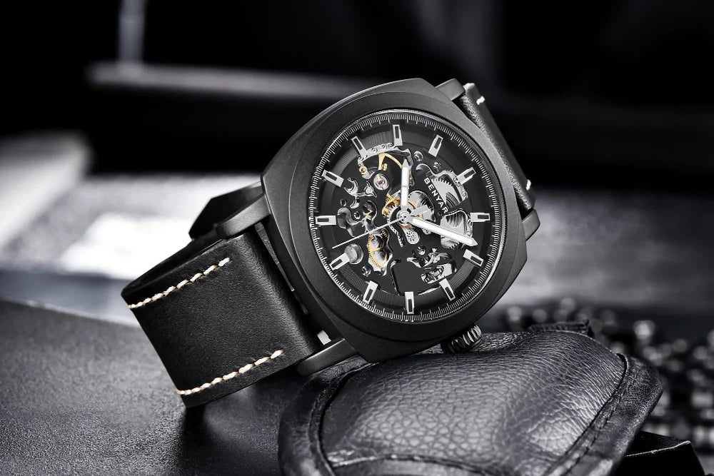 BENYAR Watch for Men Luxury Skeleton Tourbillon Automatic Mechanical Mens Watch 30M Waterproof Leather Strap Sports Reloj Hombre