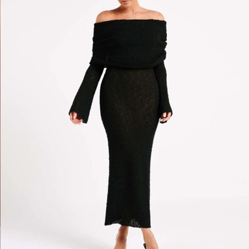 Fashion Style Knitted One-Shoulder See-Through Beachwear Cover Up Women's Beach Vacation Sunscreen Dress Elegant Long Dress