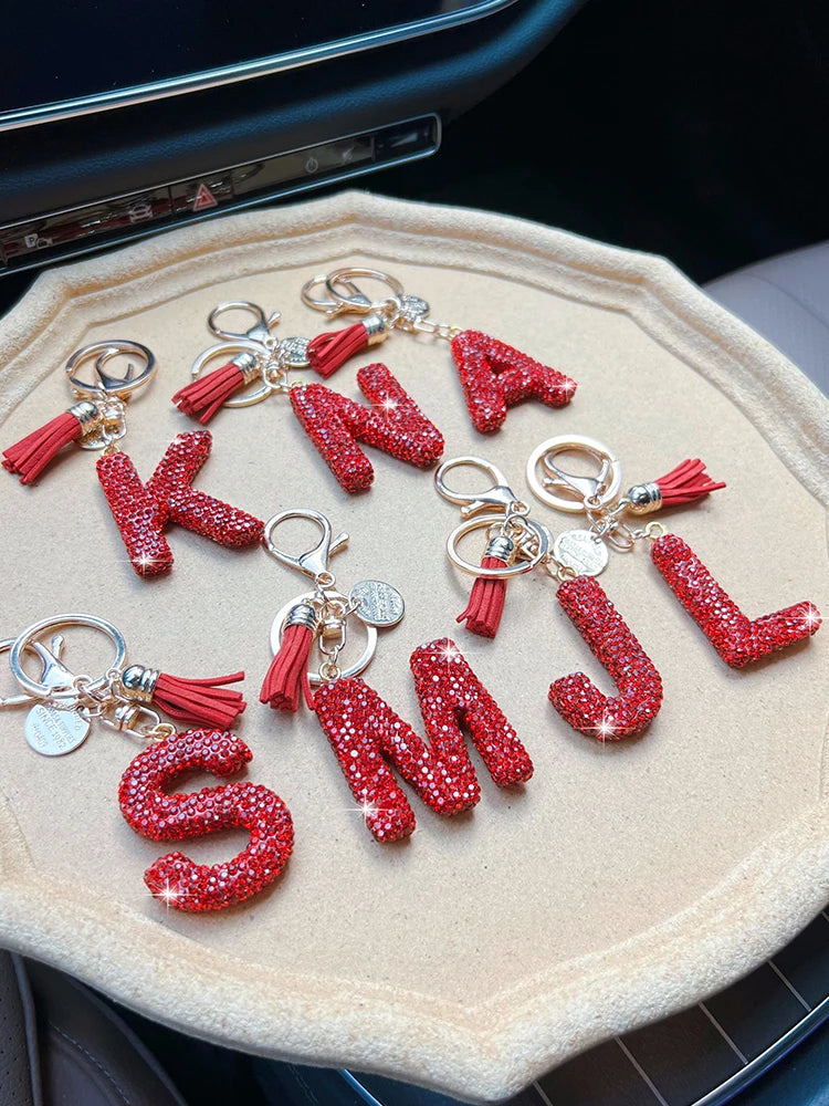Red English letter car keychain, delicate with diamond bag, pendant, fashionable tassel key chain accessory