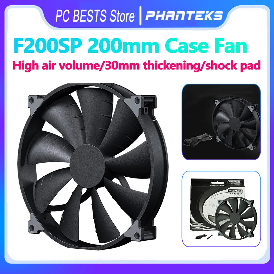 Phanteks F200SP Case Fan 200mm High-volume Black Chassis Cooling fan 4PIN 30mm Thickened Quiet Cooler pc cpu Cooling Fan