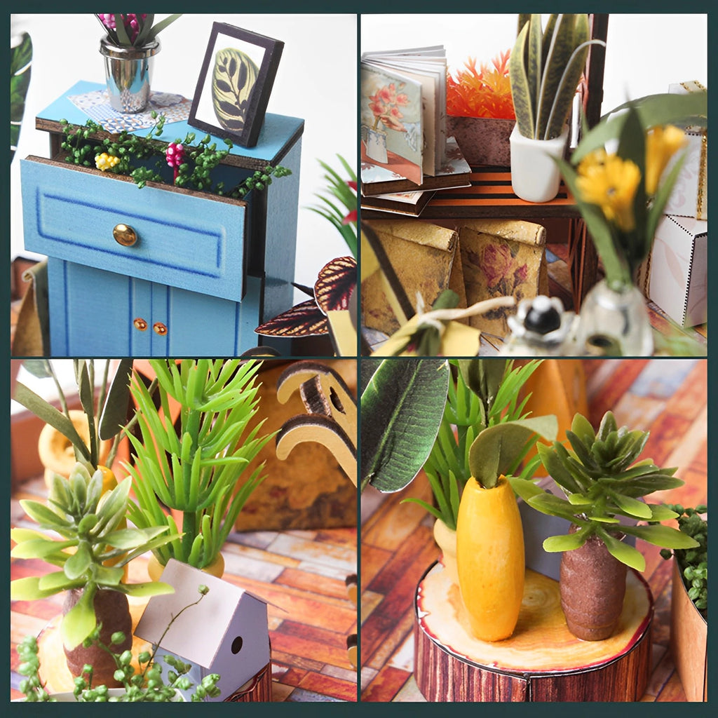 DIY Miniature Garden House Kit with Furniture and LED Light DIY Dollhouse Craft Set Gifts Wooden Greenhouse Model Building Kits