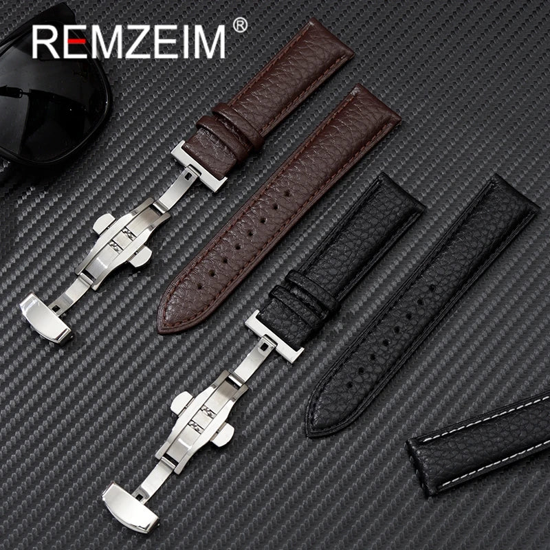 Litchi Grain Strap 18/20/22mm Watch Accessories Genuine Soft Leather Wristwatch Band With Butterfly Buckle