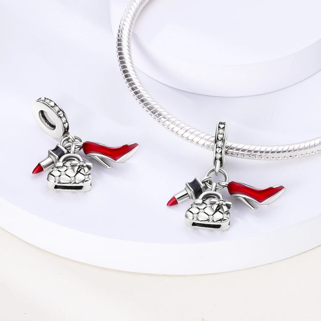 925 Silver Lipstick High Heels Charms For Lady Pendant Fit Original Bracelet DIY Ornament