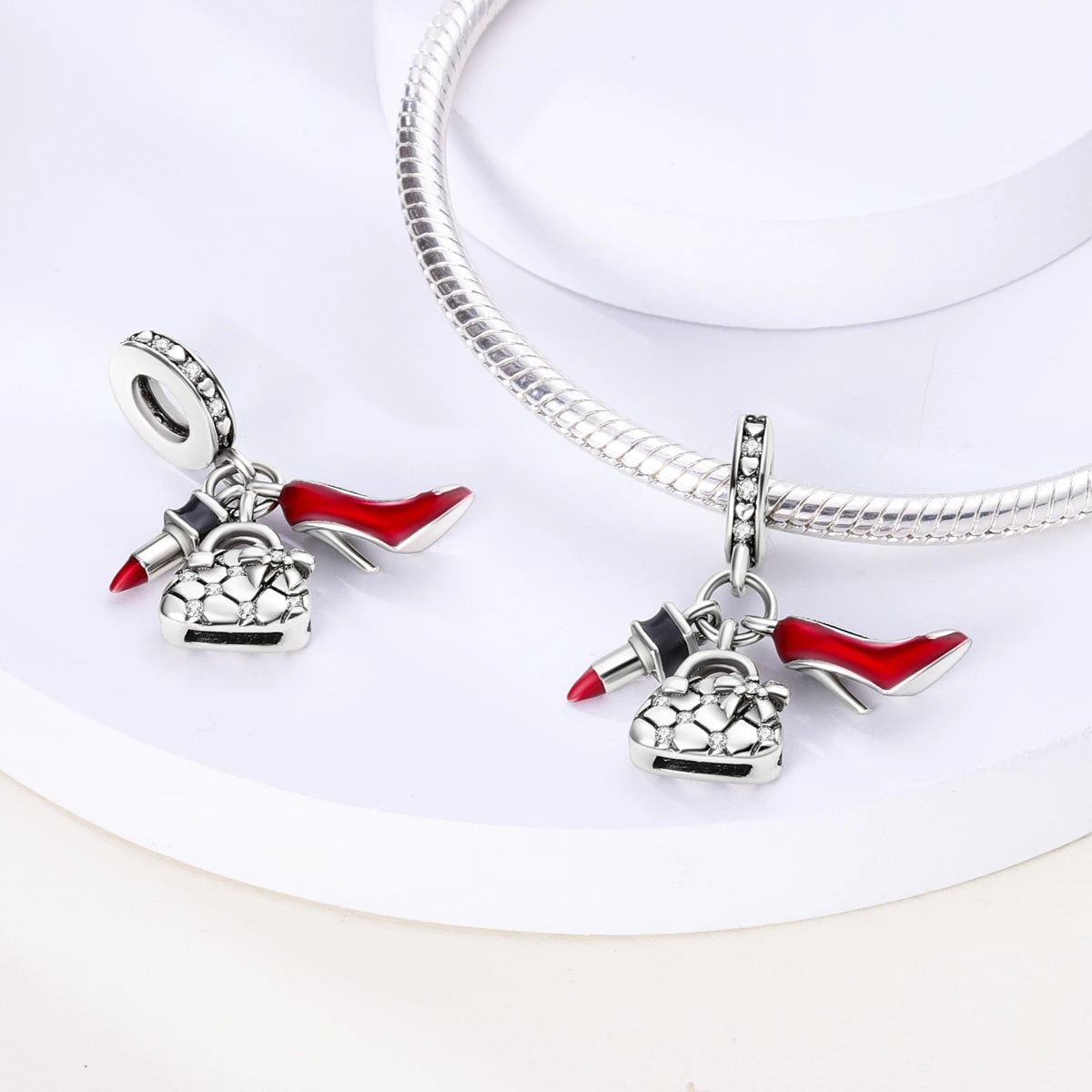 925 Silver Lipstick High Heels Charms For Lady Pendant Fit Original Bracelet DIY Ornament