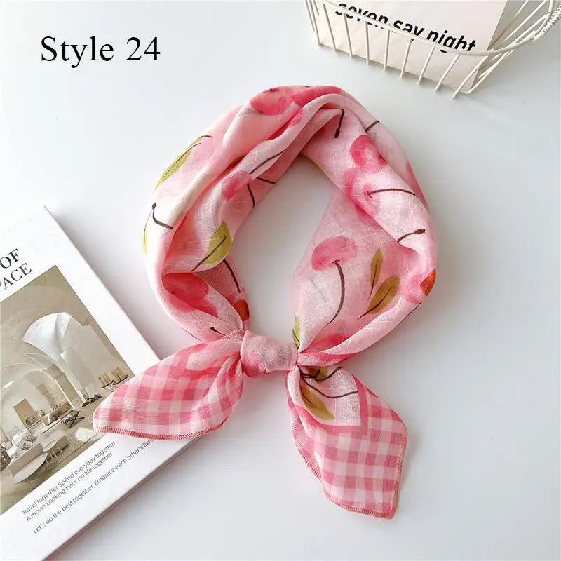 Sunscreen Head Scarf Cotton Linen Square Scarf Women Floral Peach Neck Scarf Fashion Decorative Neckerchief Hairband 58*58cm