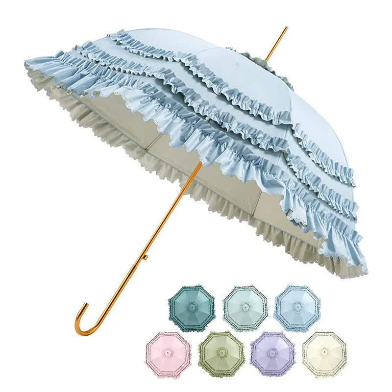 Straight Parasol  Umbrella Colored Glue Sunscreen Umbrellas Lace Double Layer Lace Princess Loilta Long-handled Umbrella Gifts