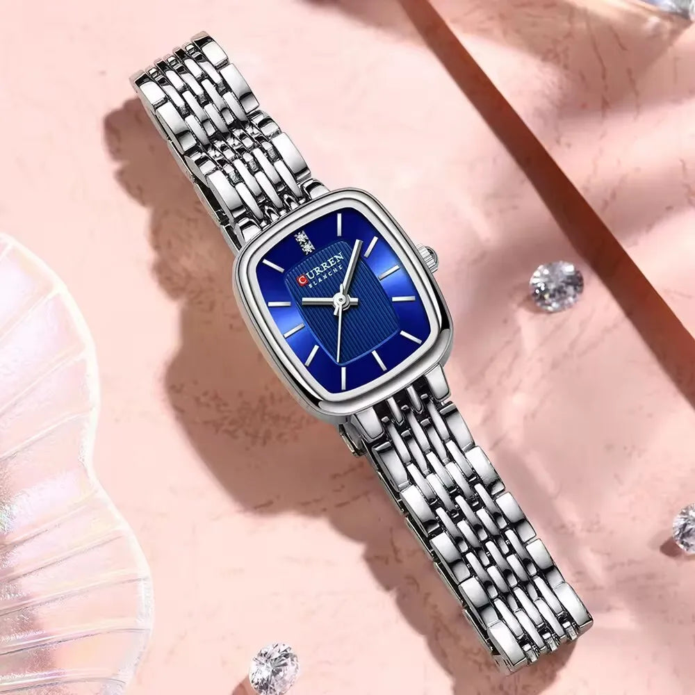 Curren 9093 Square Quartz Watch for Ladies, Waterproof Minimalist Casual Wristwatch with Stainless Steel Strap