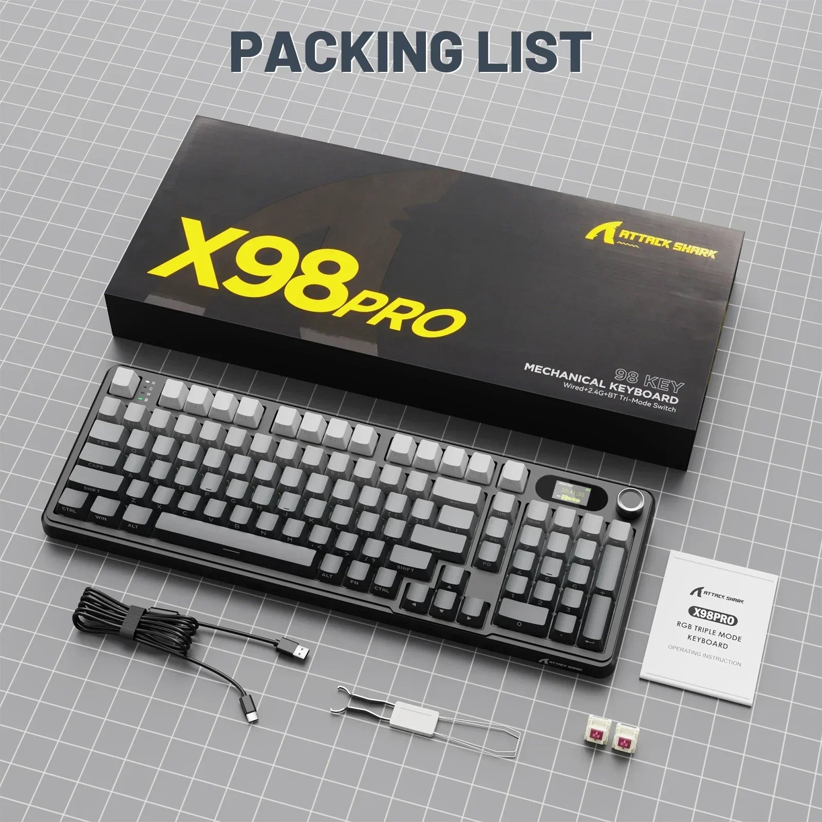 Attack Shark X98PRO 3-Mode RGB Bluetooth Wireless Mechanical Keyboard Full Key Hot-Swappable TFT Color Display Rotary Keyboard