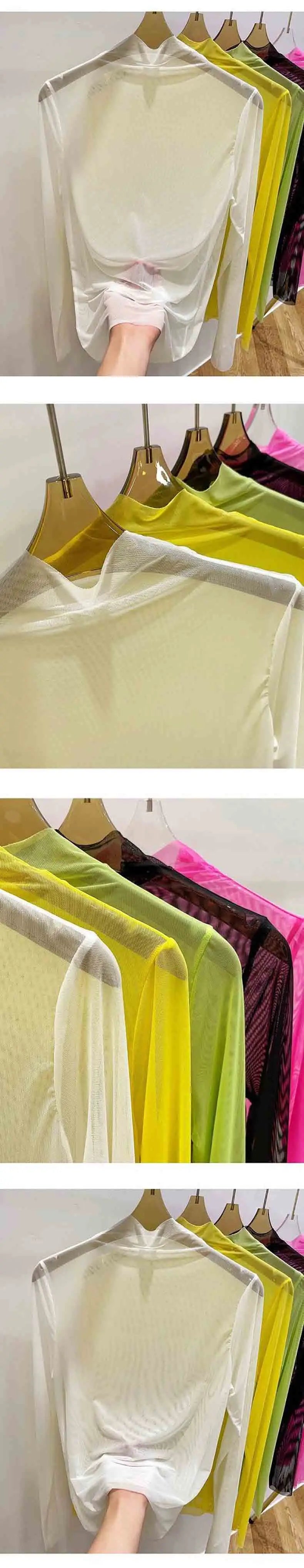 Transparent Gauze Bottoming T-shirt Women Clothing Summer Long Sleeved T-shirt with Gauze Shirt Half High Collar Sunscreen 2023