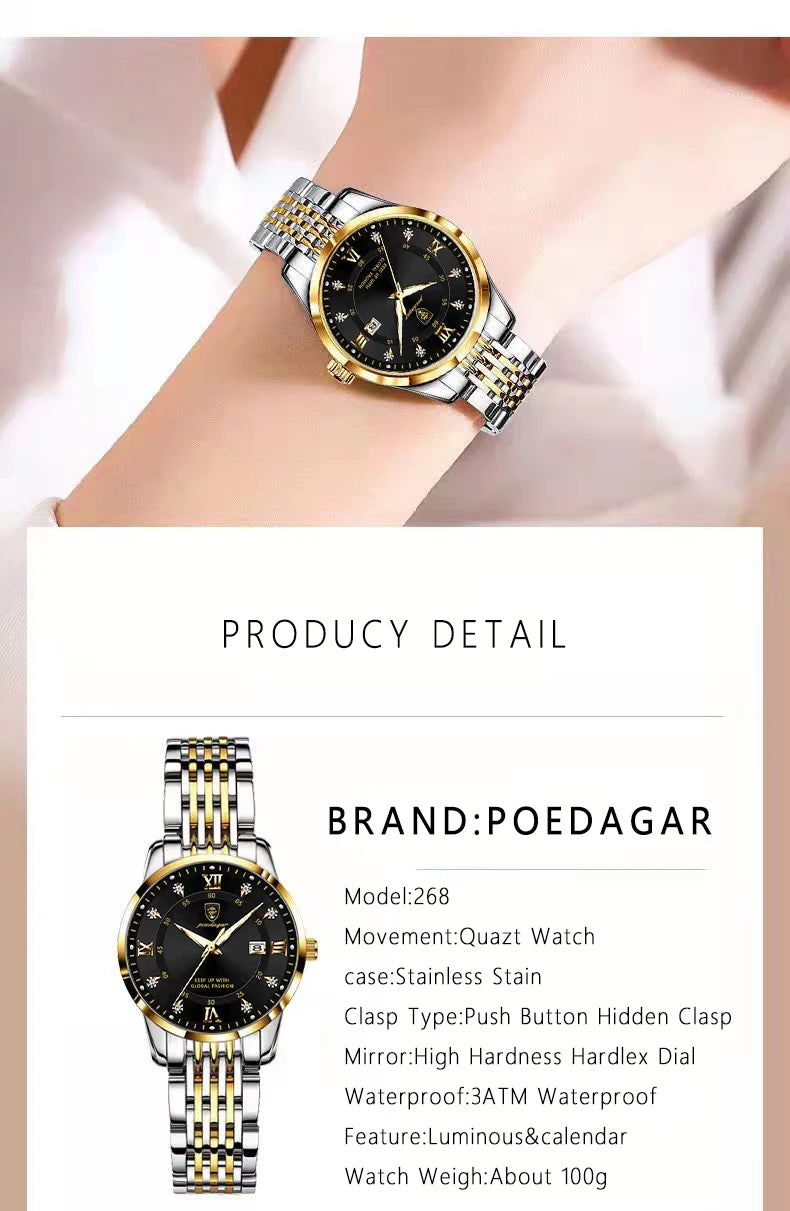 POEDAGAR Top Luxury Fashion Women Watches Waterproof Luminous Date Ladies Quartz Watch Stainless Steel Simple Casual Woman Watch