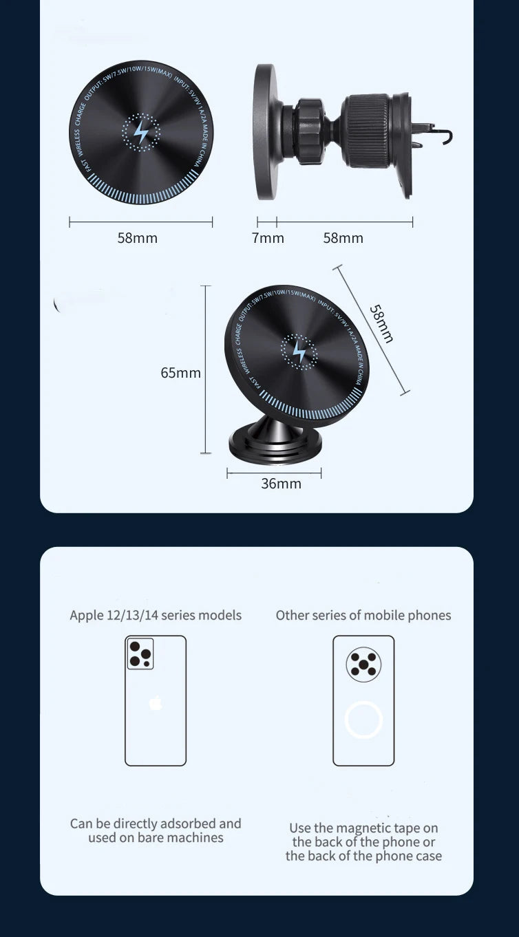 Magnetic Car Phone Holder 15W wireless charge Vent Magsafe Ring Car MountFit for iPhone 14 13 12 Pro  Plus Mini MagSafe Case