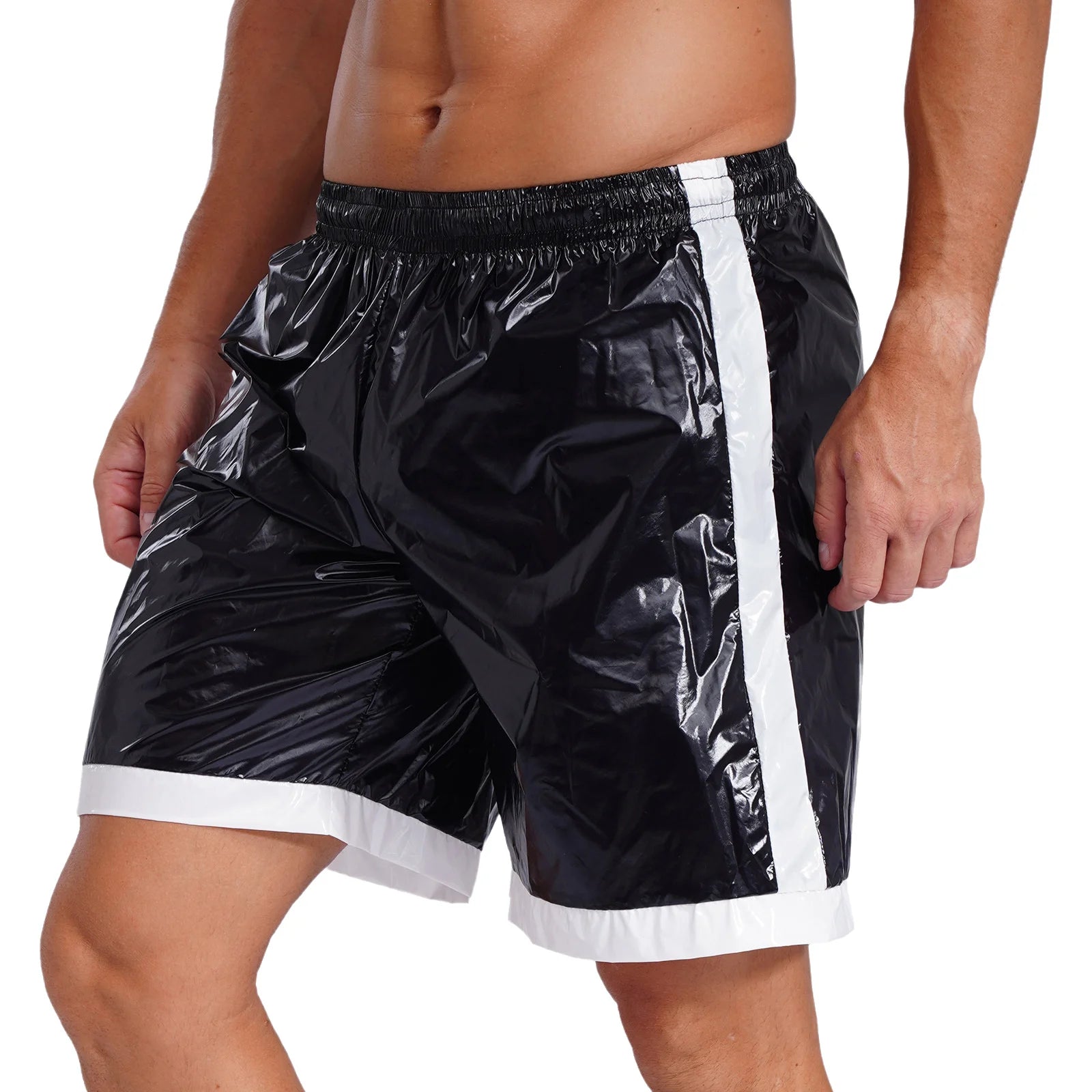 Swimwear Mens Swimming Trunks Wet Look Boxer Shorts Drawstring Elastic Waist Pockets Stripes Beach Sports Shorts Pajamas Costume