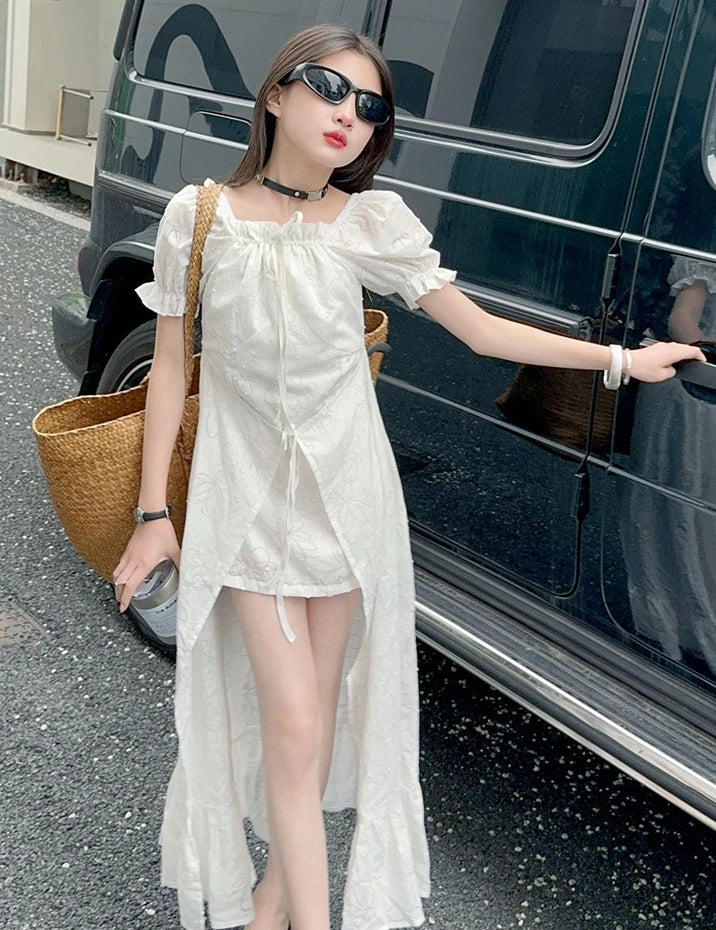 junior girls 2024 French Square Neck White Short Sleeve Dress Puff Sleeve Ruffle Long Skirt Premium teen kids princess Dresses