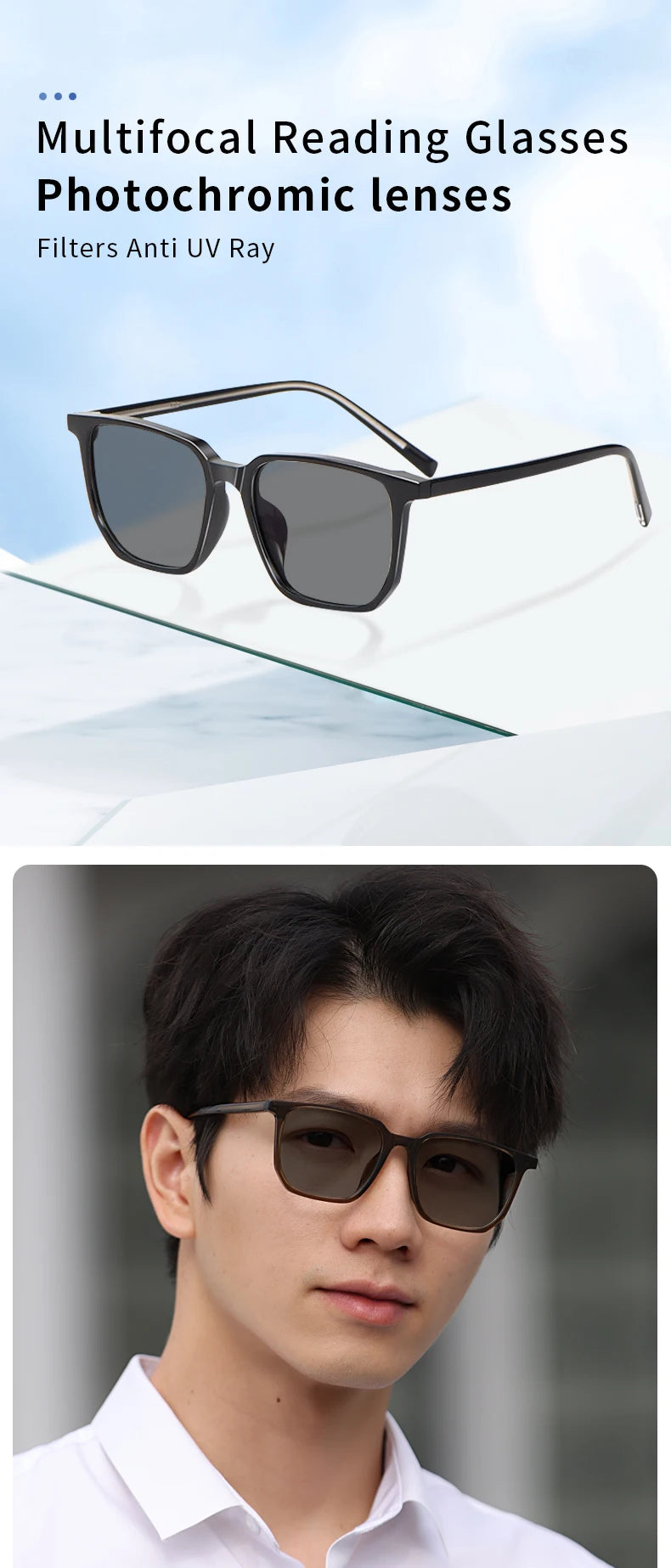 Photochromic Progressive Multifocus Computer Reading Glasses  Transition UV400 Sunglasses Multifocal Rectangular Readers