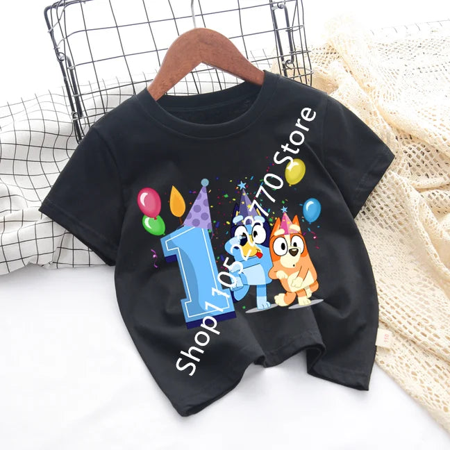 Bluey Baby Birthday T Shirt for Boys Girl Bingo Number Kids Clothes Summer Cartoon Letter Tees Shirts Toddler Short Sleeve Tops