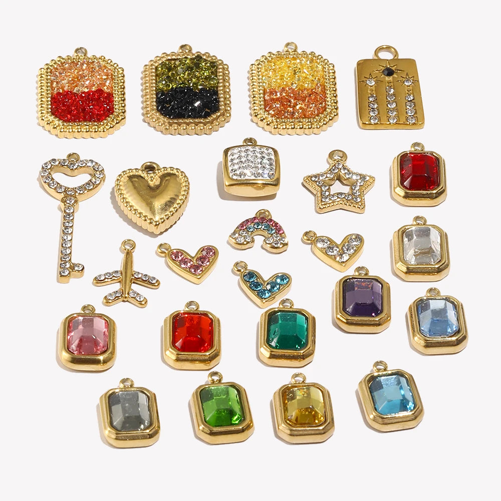 E.B.belle Octagonal Splicing Color Bead Heart-shaped Key Rainbow Square 316L Stainless Steel 14K Gold Plated Pendant Charms