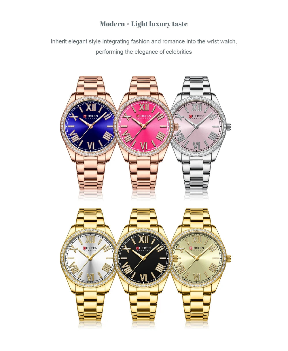 CURREN NEW Luxury Stainless Steel Wristwatches for Ladies Romantic Rose Pink with Rhinestones Roman Numeral Dial