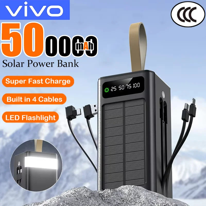 VIVO 500000mAh Solar Power Bank High-capacity Built-in 4 Cables External Battery LED Light PowerBank for iPhone Samsung