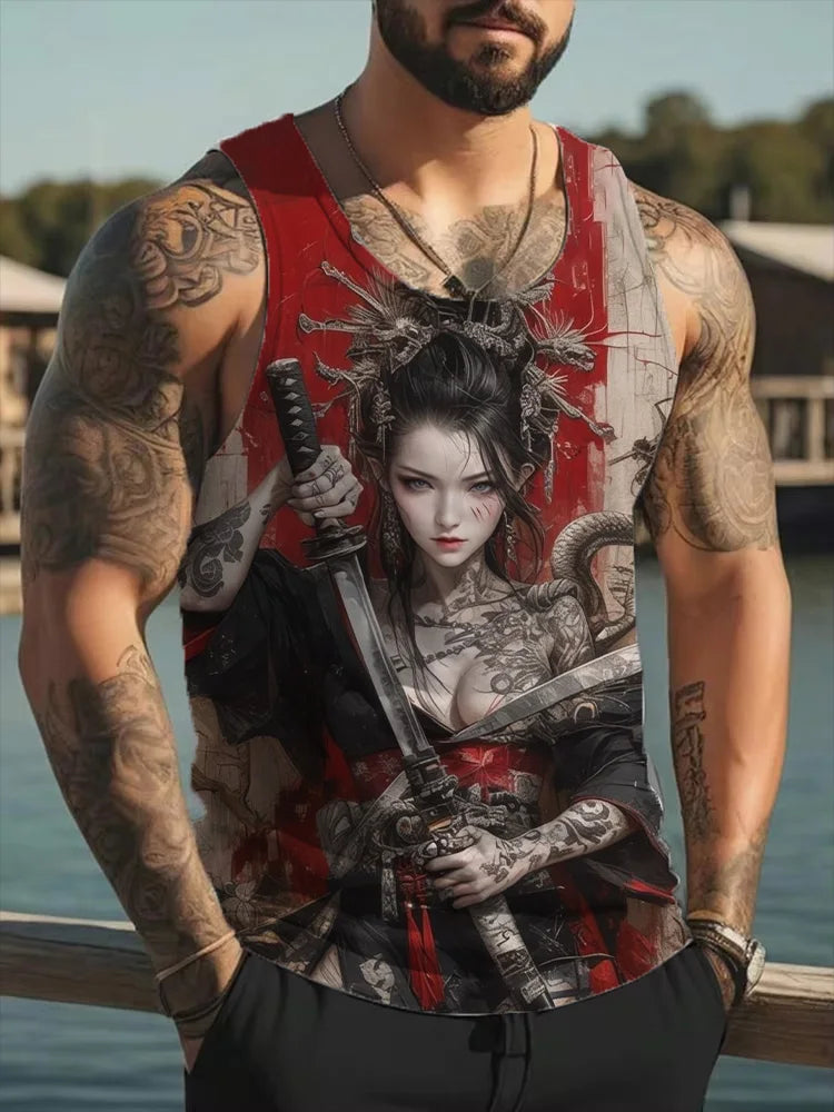 Samurai Tattoo Girl 3D Print Tank Tops Men Women Casual Oversized Fitness Gym Vest Harajuku Sleeveless T Shirt Men's Clothing
