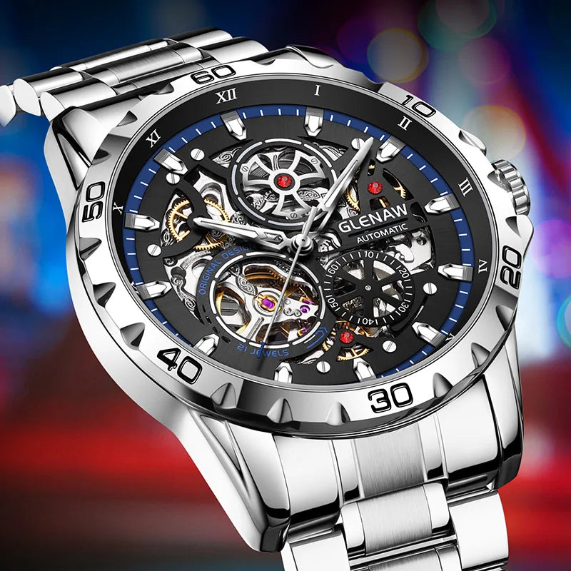 2025 GLENAW NEW Steampunk Skeleton Men Watch Luxury Automatic Mechanical Watches Luminous waterproof Stainless Steel Strap Watch