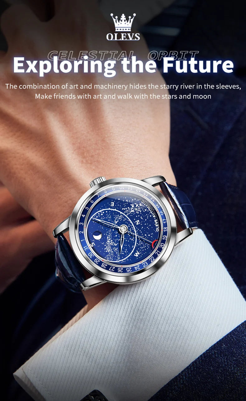OLEVS 9923 Mens Watch Luxury Original Automatic Mechanical Watch Leather Strap Waterproof Luminous Starry Dial Watch For Men