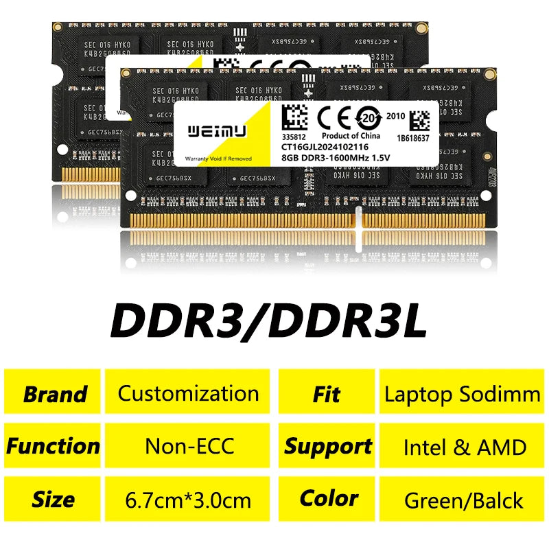 DDR3 DDR3L 4GB 8GB Laptop Memory Ram PC3 1.5V 8500 10600 12800 PC3L 1.35V 1333 1600 1866Mhz 204Pin Non-ECC Sodimm Memoria Ram