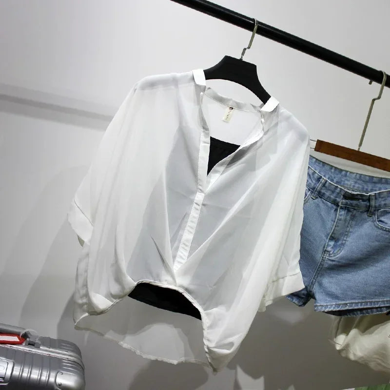 Summer Two Piece Set Chiffon Blouse Half Sleeve Loose V-Neck Women Shirts Elegant Casual Tops