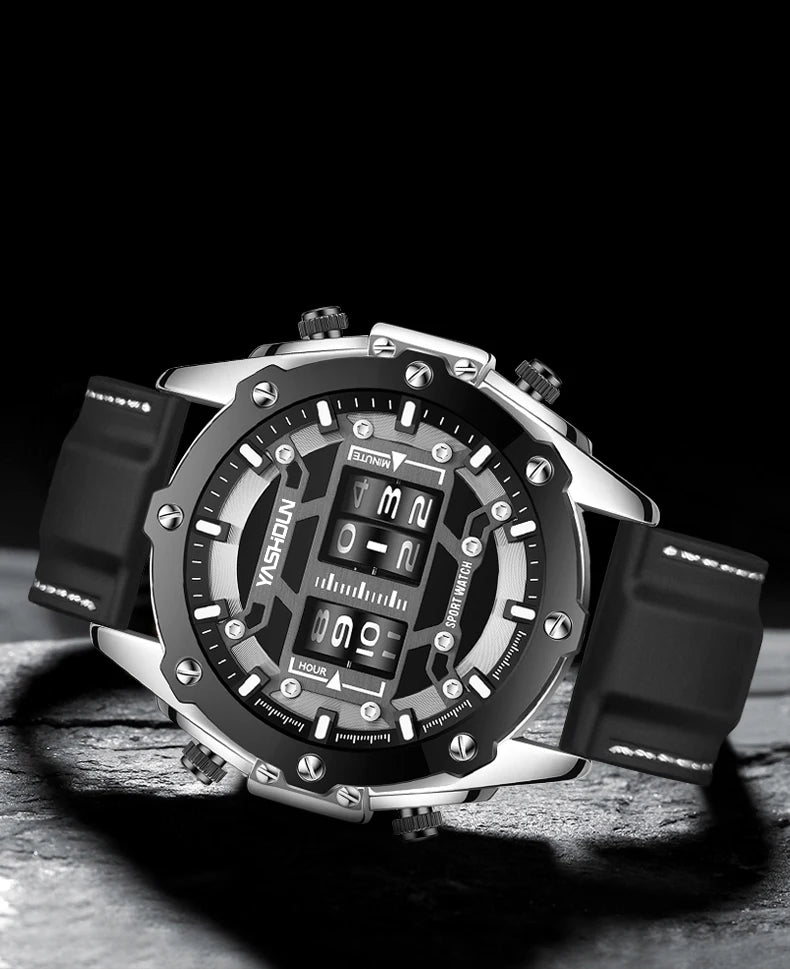Men Quartz Watch Roller Digital Dial Design Silicone Strap Versatile Wristwatch Clock Waterproof Military Sports Clock