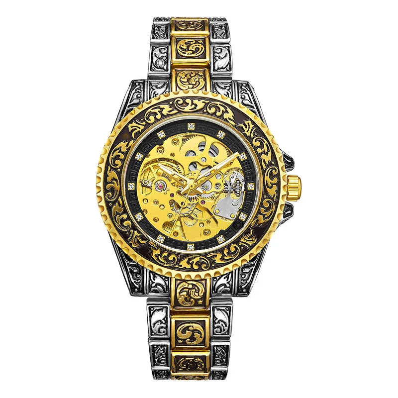 UTHAI M11 New Men watch hollowed out retro carved automatic mechanical watch cool clock gift，watches for man