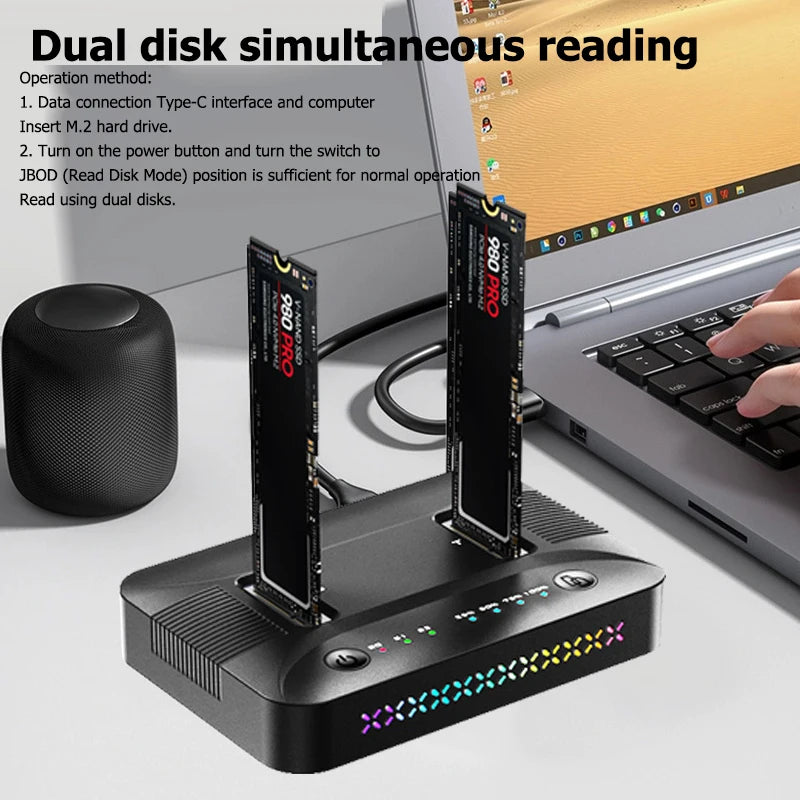 M.2 NVMe/SATA Dual-Bay Hard Drive Docking Station Offline Clone Hard Disk M.2 SSD Duplicator USB3.2 GEN2 SSD Adapter Enclosure