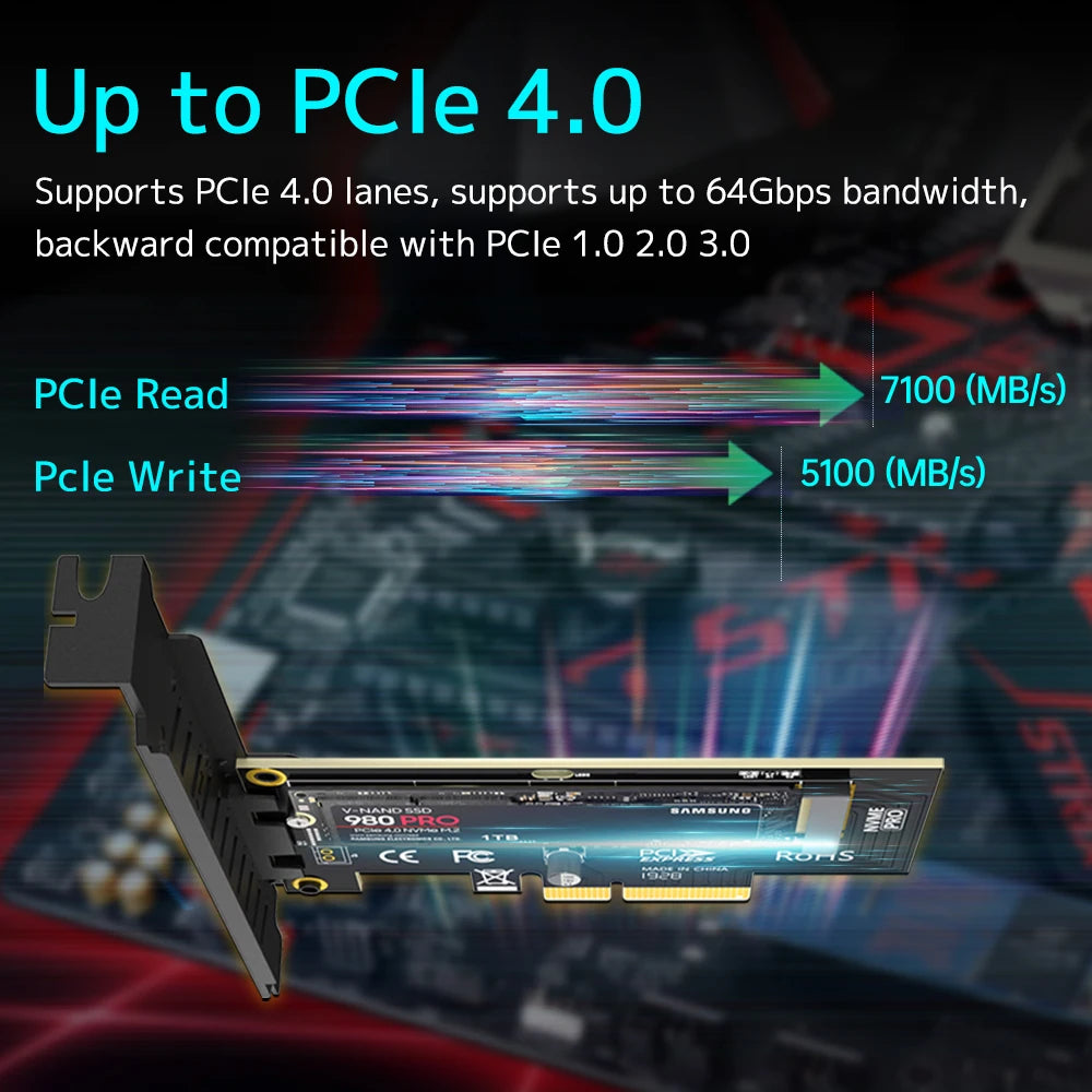 JEYI PCIe to NVMe Adapter With Aluminum SSD Heatsink Cooler, 64Gbps M.2 ssd PCIe 4.0 X4 X8 X16 Expansion Card for Desktop