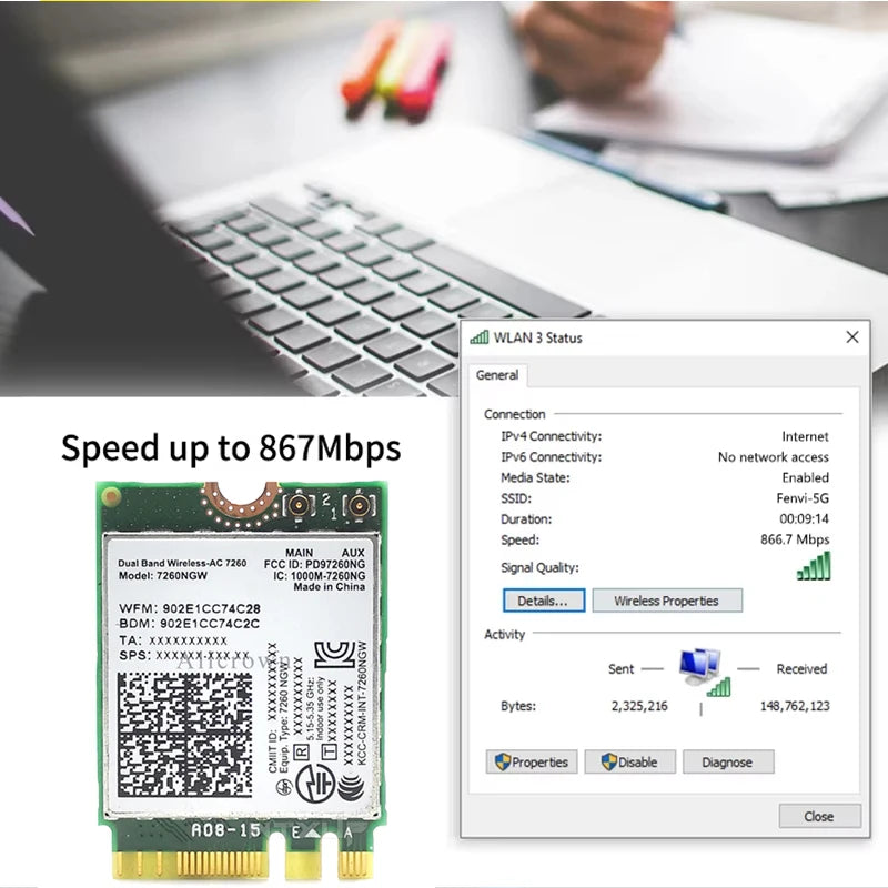 7260NGW M.2 Wifi Wireless Card 1200Mbps Dual Band 2.4G 5G Bluetooth 4.0 802.11AC Adapter Card With Antenna For Laptops Desktop