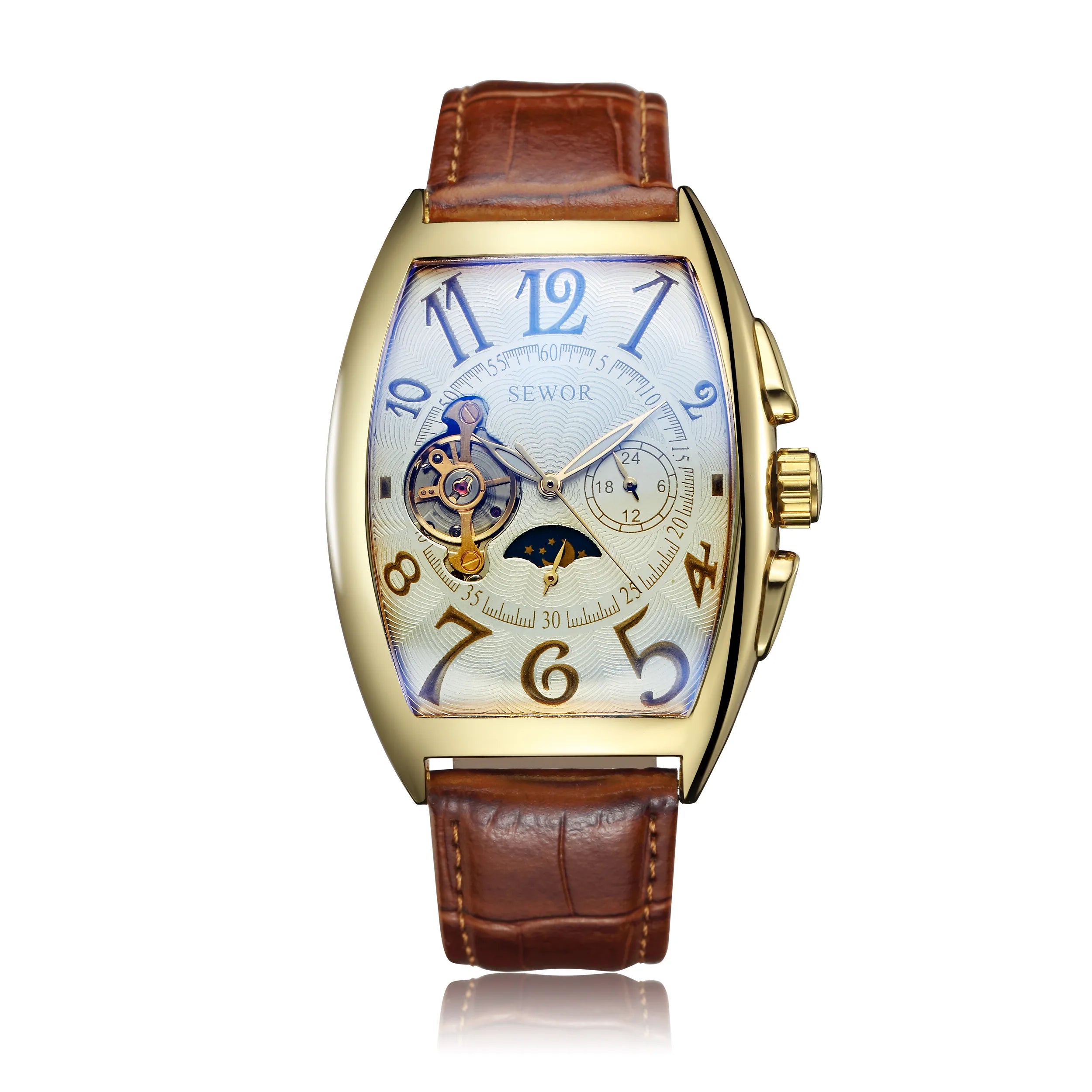 Top Fashion Luxury Gold Watch Men Mon Phase Tourbillon Watches Small Seconds Automatic Mechanical Wristwatches Reloj Hombre 2023