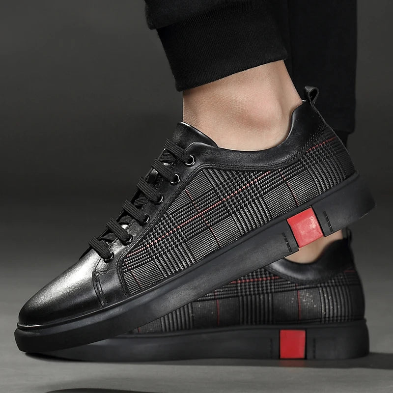 New Arrival Men Black Leather Plaid Panel Sneakers Luxury Style Lace Up Casual Shoes Non Slip Platform Walking Footwear