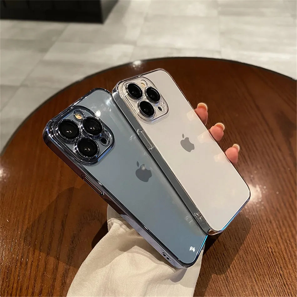 Luxury Plating Clear Silicone Case For iPhone 15 14 13 12 11 Pro X XR XS Max 7 8 Plus SE Mini Shockproof Transparent Soft Cover