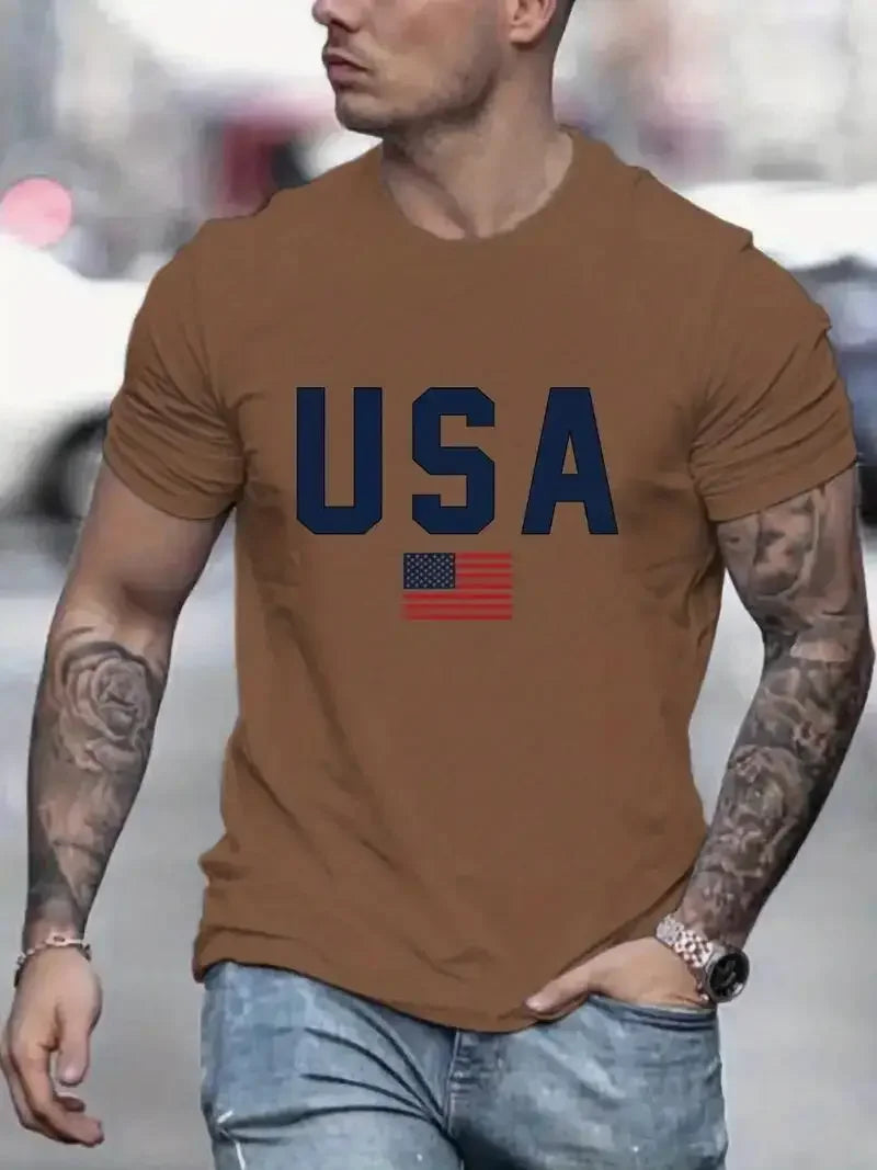 'USA' Pattern Print Men's Comfy T-shirt, Graphic Tee Men's Summer Outdoor Clothes, Men's Clothing, Tops for Men