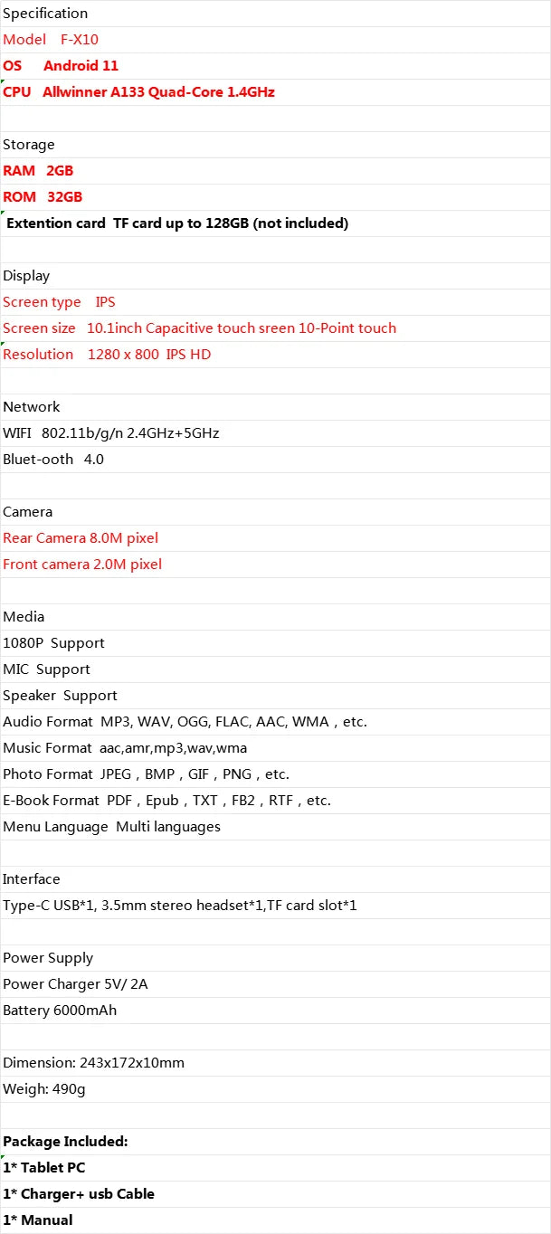 10.1 INCH Android 11 Tablet PC FC10 RAM 2GB ROM 32GB Allwinner A133 Quad-Core 1.4GHz  Resolution 1280 x 800 IPS HD Dual Camera