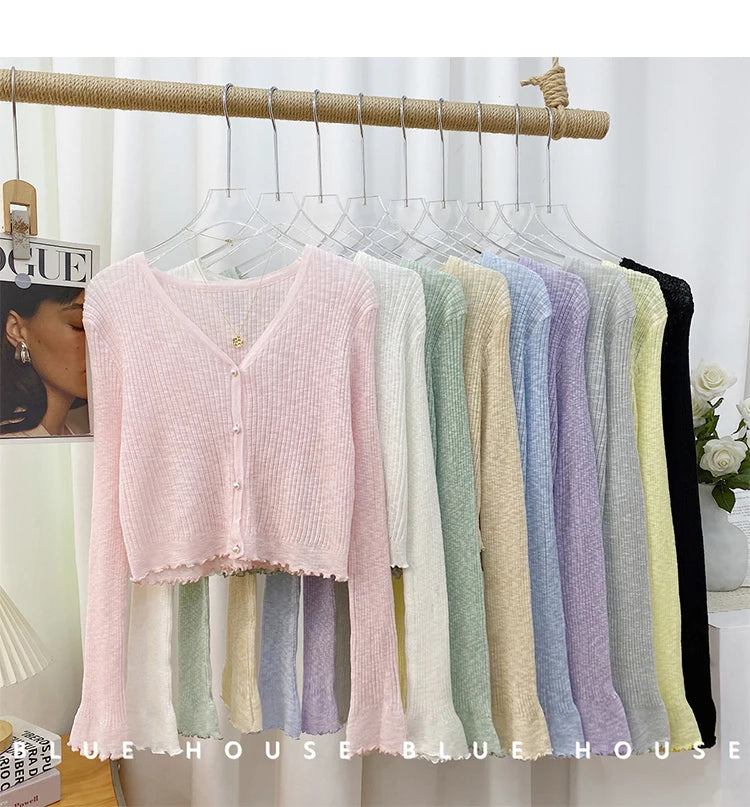 Women 2026 Spring Summer Short Pearl Button Thin Casual Coat Gentle Ruffle Trim Long Sleeve Ice Silk Sunscreen Knitted Cardigan