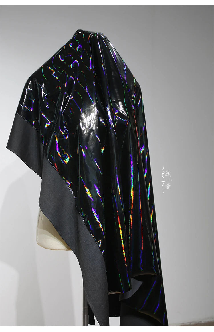 Black Iridescent Synthetic Leather Fabric Technology Oriented Micro Elastic TPU Fabrics Clothing Designer Cloth for Diy Sewing