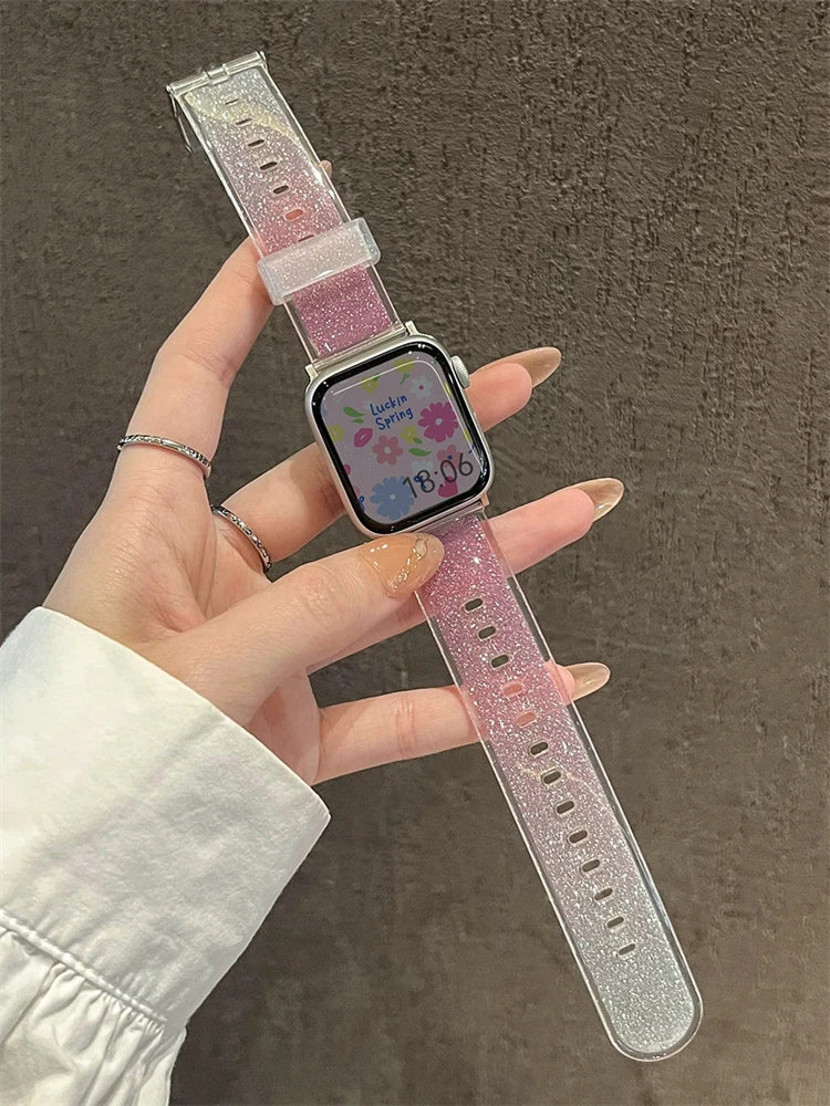 Luxury Glitter Clear Band For Apple Watch Strap 41mm 45mm 44mm 40mm 38mm Girl Sport Plastic Starp For iWatch 9 8 7 6 5 4 3 2 SE