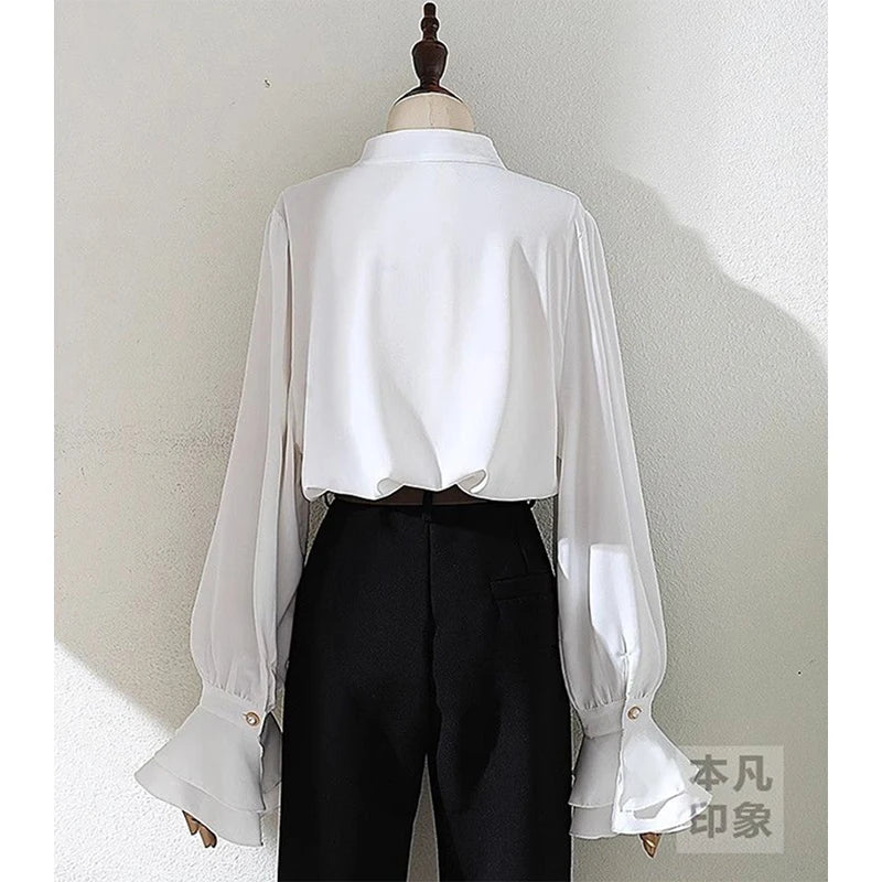MEXZT Vintage White Shirts Women Elegant Ruffles Flare Long Sleeve Blouses Office Ladies Korean Single Breasted Design Chic Tops