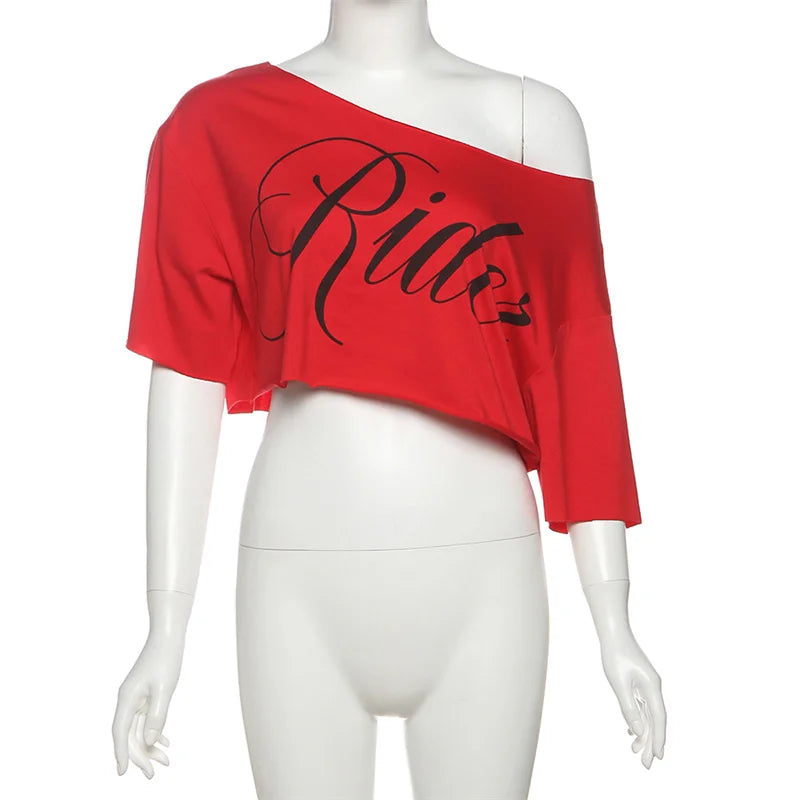 SylCue Letter Print Oversized T-shirt Women Skew Collar Short Sleeves Off Shoulders Irregular Hem Hip-hop Style Trend Crop Tops