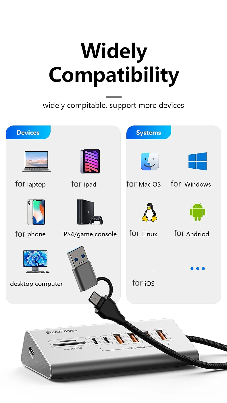 9 in 2 USB C Hub To USB 3.2 Aluminum Docking Station 10Gbps Type C 3.2 Splitter with SD/TF Card Reader for PC Laptop Tablet