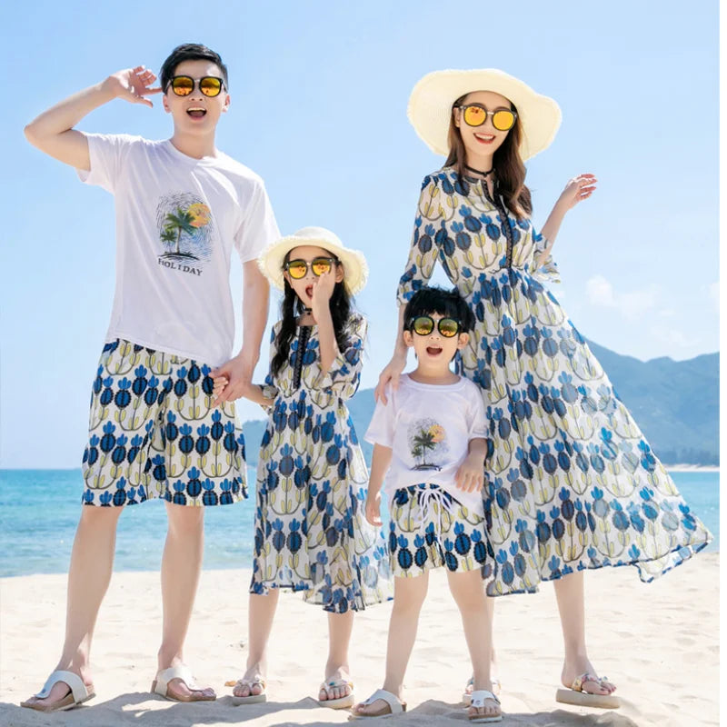 Vacation Look Family Matching Clothes for Parents and Children Outfits Daughter Mom Dress Son Dad T Shirts Shorts Two Piece Sets