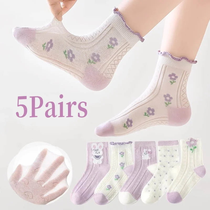 RAISE YOUNG 5Pairs/Lot Purple Children Girls Mesh Socks Bow Flower Print Babys Girls Summer Socks Animal Pattern Kids Girl Socks