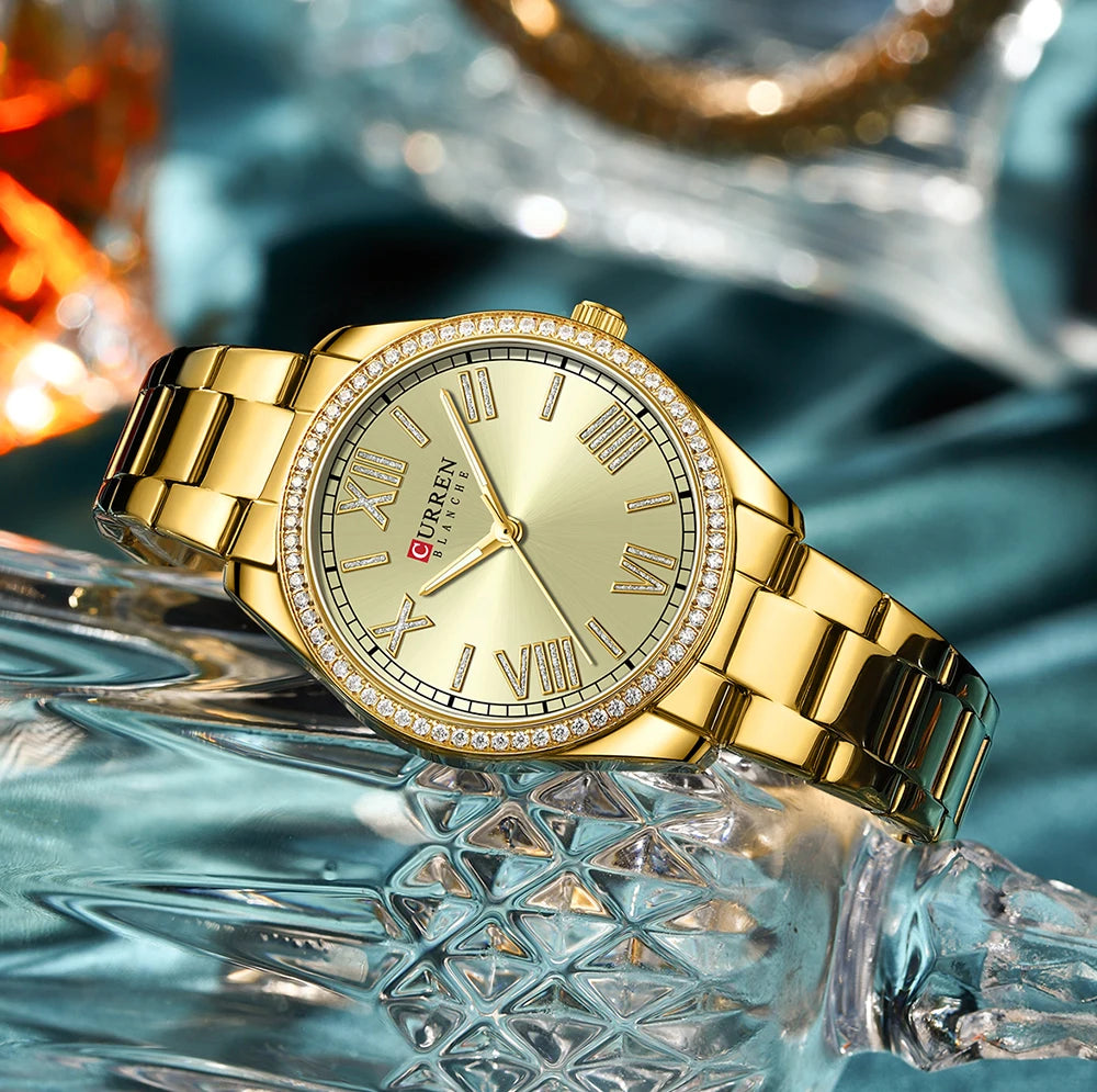CURREN NEW Luxury Stainless Steel Wristwatches for Ladies Romantic Rose Pink with Rhinestones Roman Numeral Dial