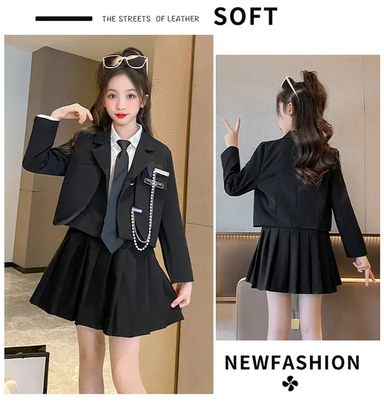 Junior Girl JK School Uniform Set Unique Formal Chain Smart Jackets and Pleated Skirt 2Pcs School Kids Child Uniform Blazer Suit