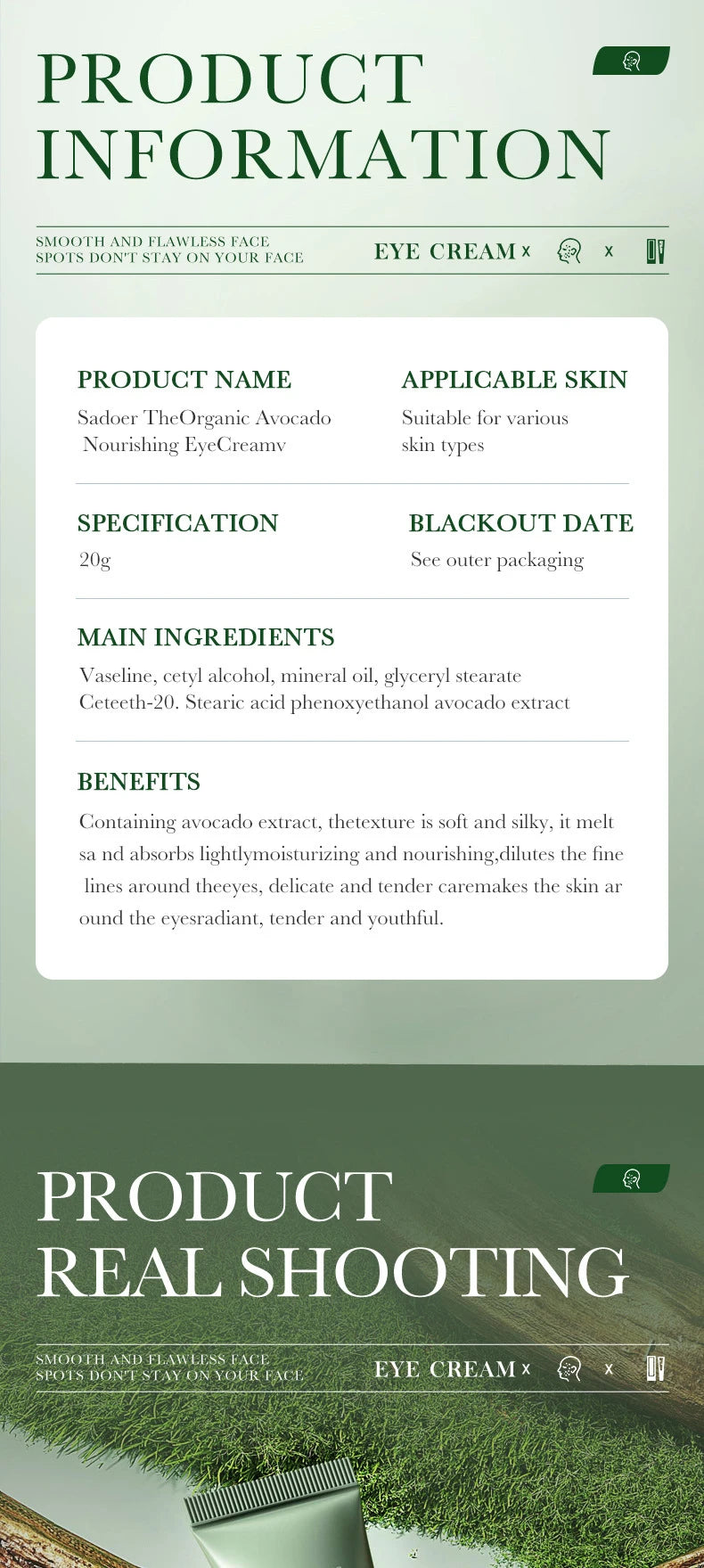SADOER Avocado Eye Cream Anti Wrinkle Dark Circles Eye Bag Firming Moisturizing Tender Eye skincare Beauty Health Skin Care