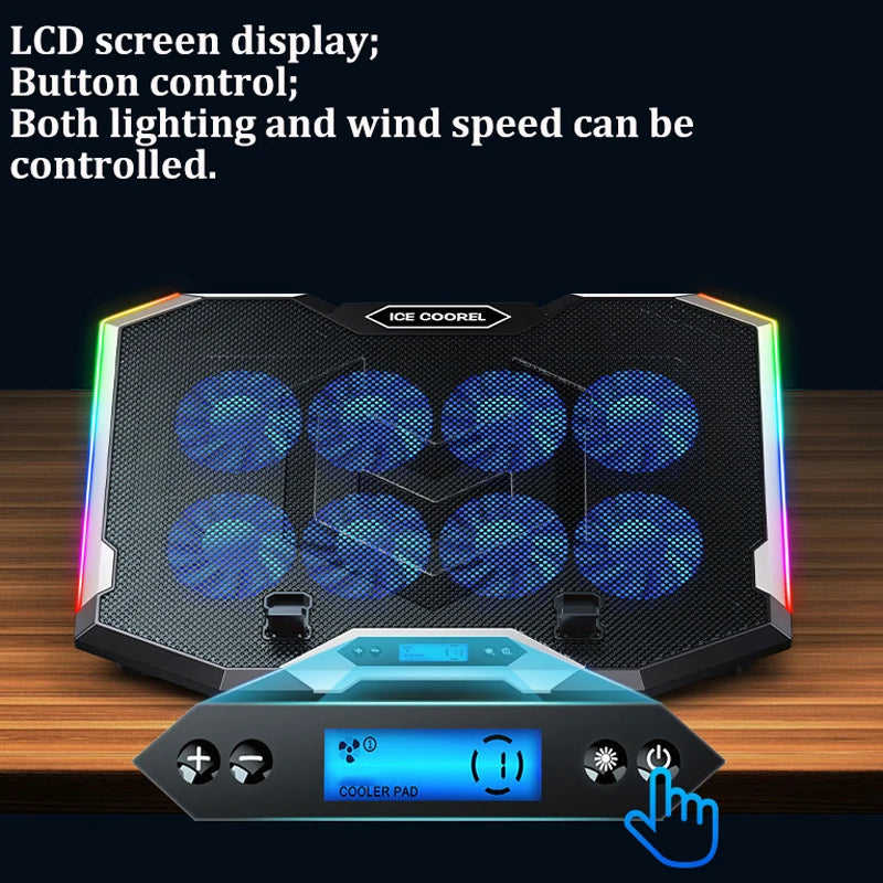 ICE COOREL Gaming RGB Laptop Cooler 12-18 Inch Led Screen Laptop Cooling Pad 3500 RPM 8 fans 2 USB Ports Notebook Cooler Stand