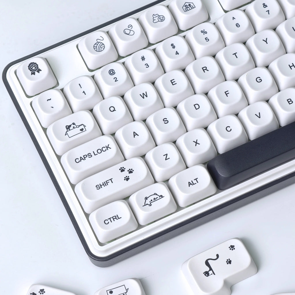 MAIMOOO MOA Keycap Korean Russian English 120Keys Round Cute Pbt Minimalist Style Black And White Cute Kitty Keycaps